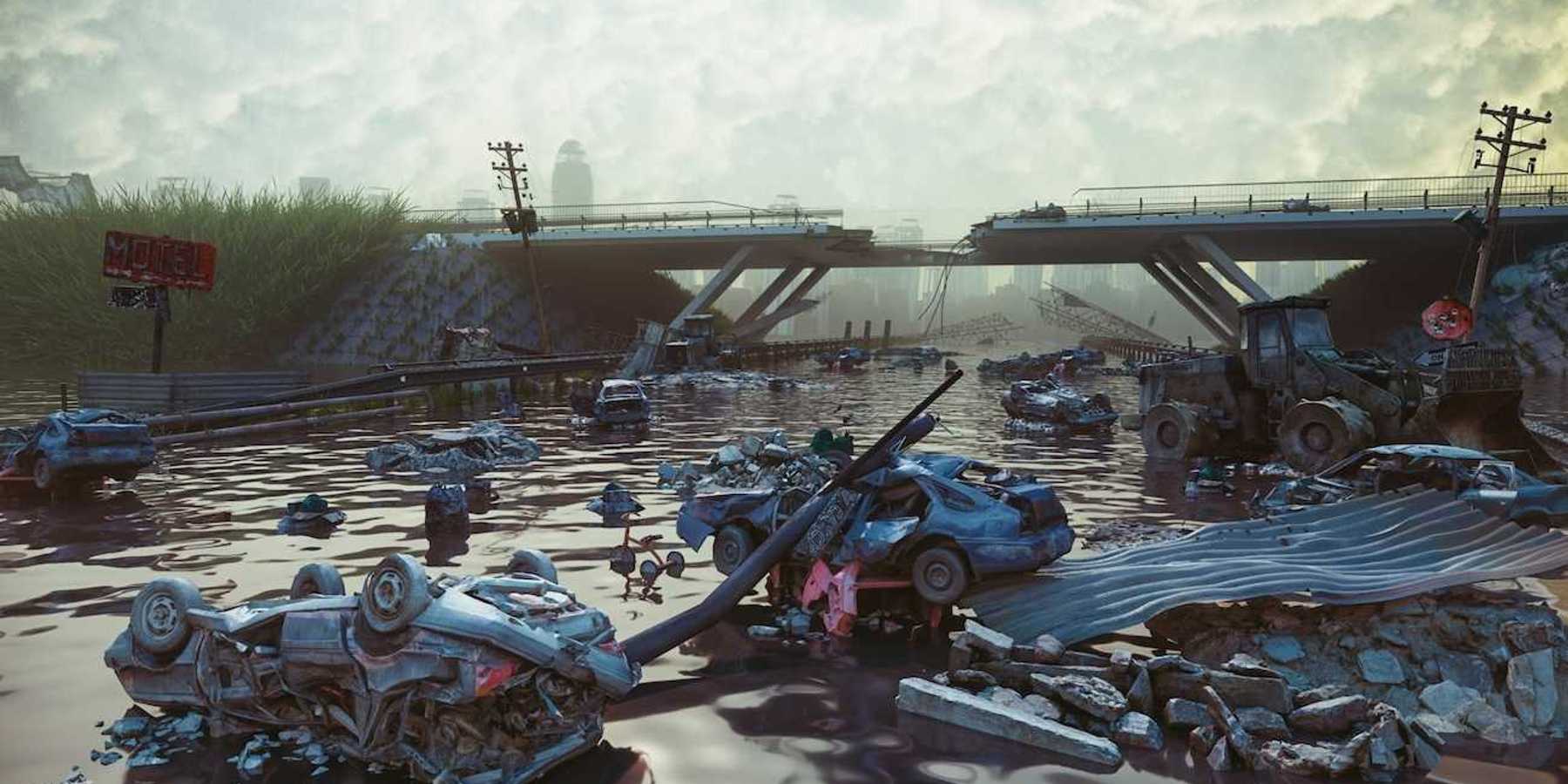 Apocolyptic illustration depicting flood aftermath: damaged infrastructure, destroyed vehicles, angry, overcast sky