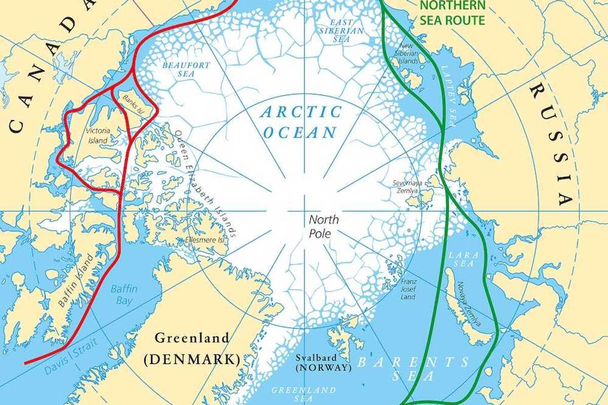 Arctic Ocean sea routes map with Northwest Passage and Northern Sea Route.