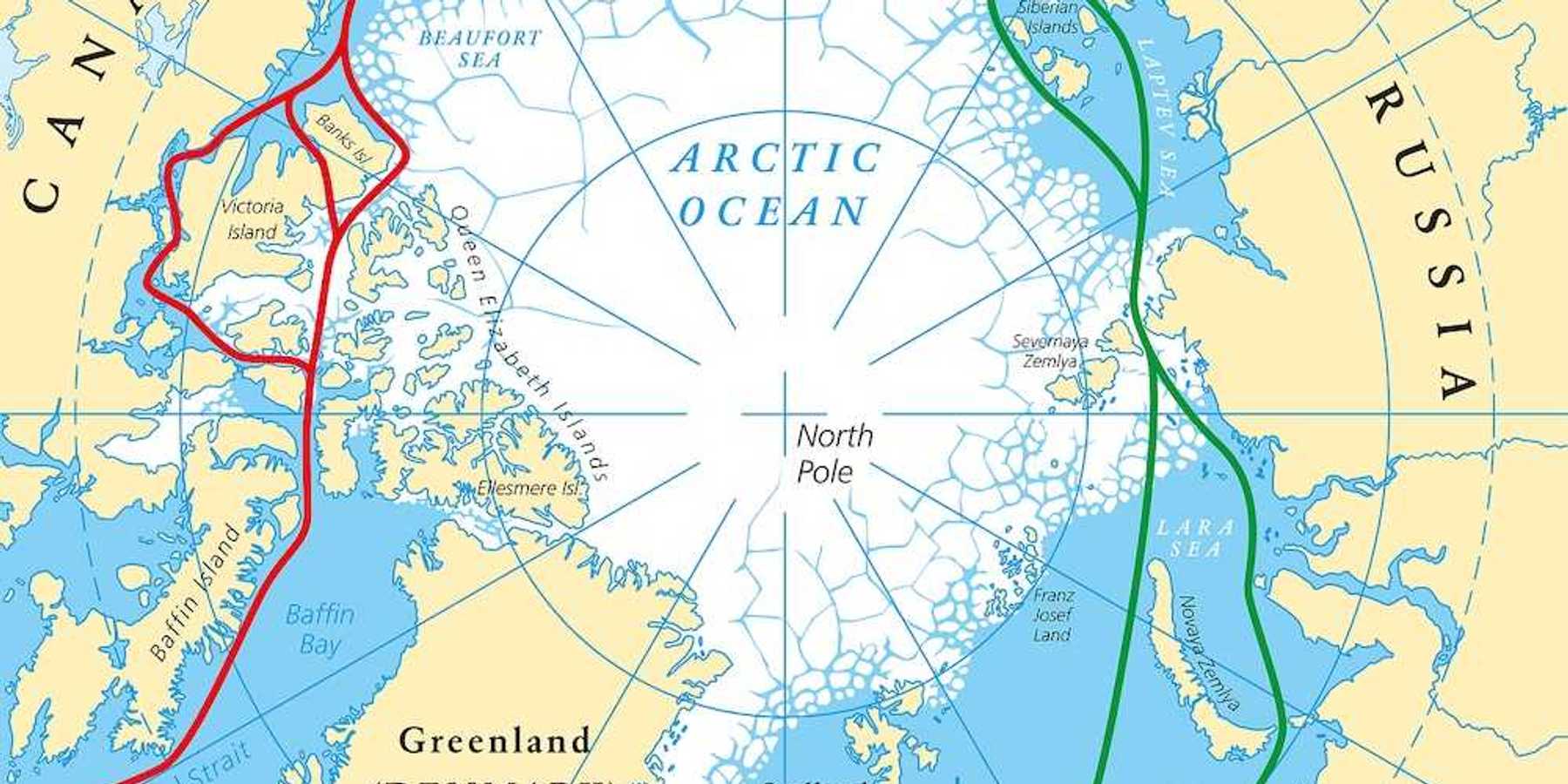 Arctic Ocean sea routes map with Northwest Passage and Northern Sea Route.