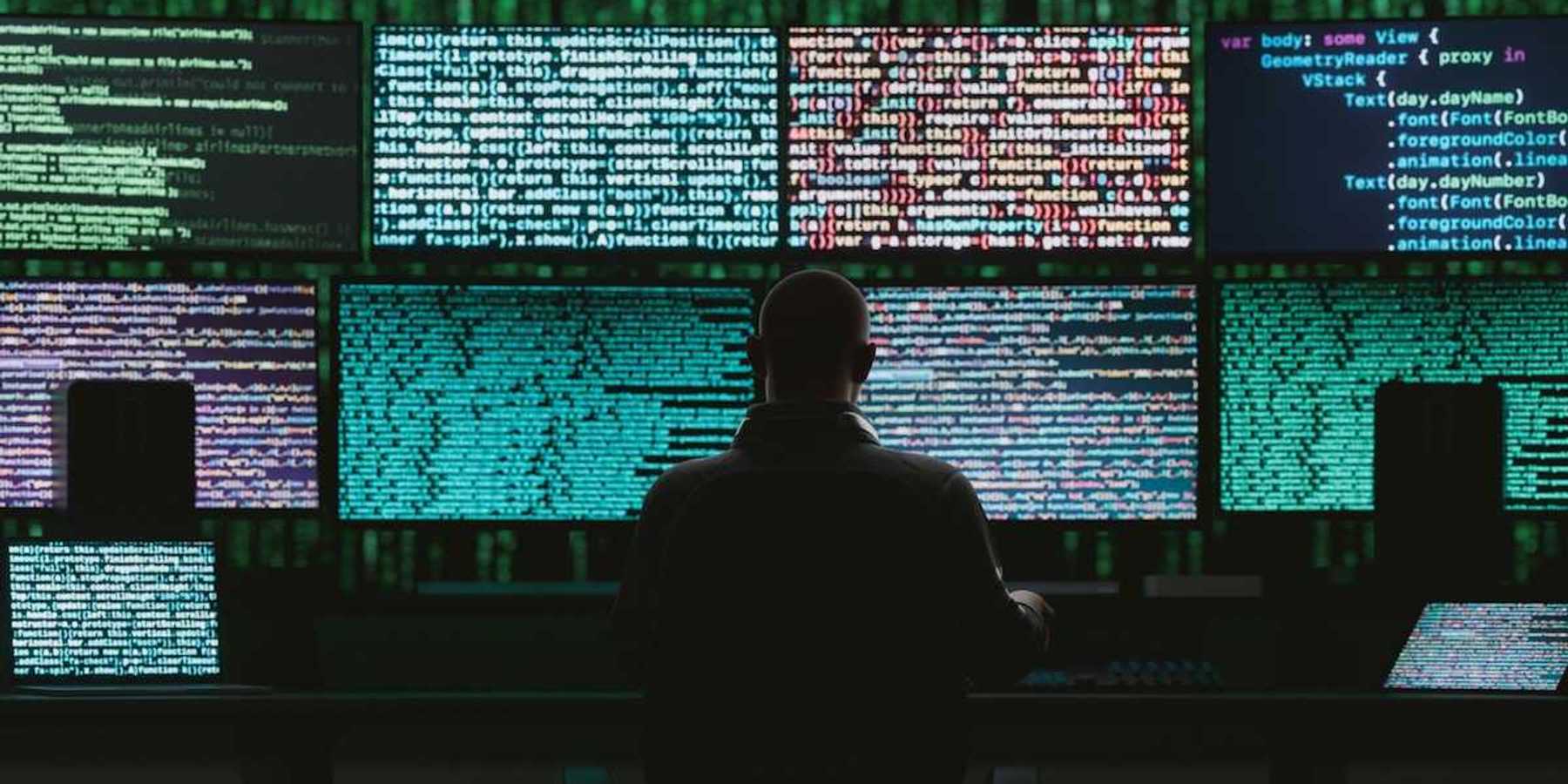 Back of a seated person monitoring data and digital code on multiple monitors