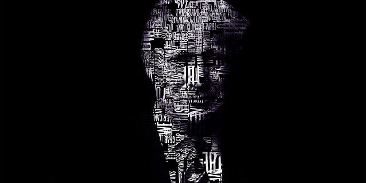 Black and white illustration of Donald Trump created using words.