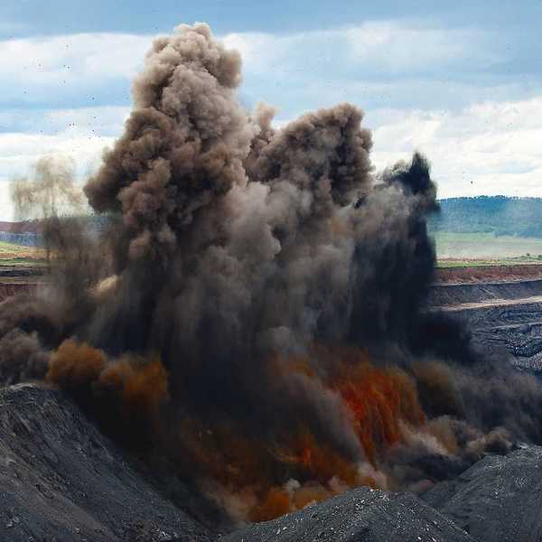 Blasting being carried out at an open pit coal mine. Explosion spewing smoke and debris to remove overburden.