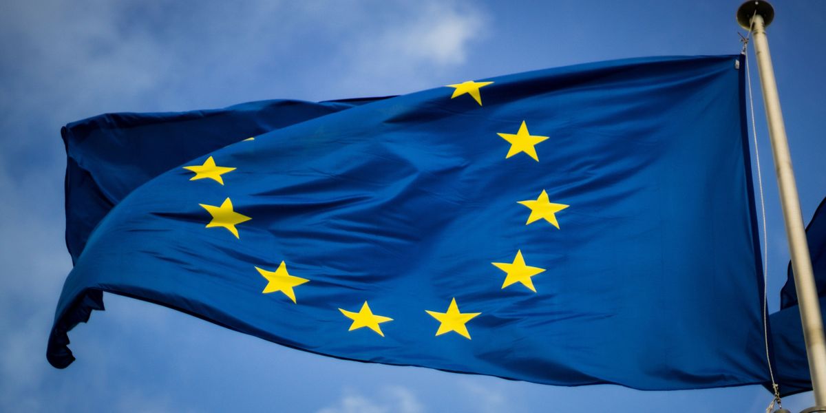 blue and yellow star flag from the European Union.