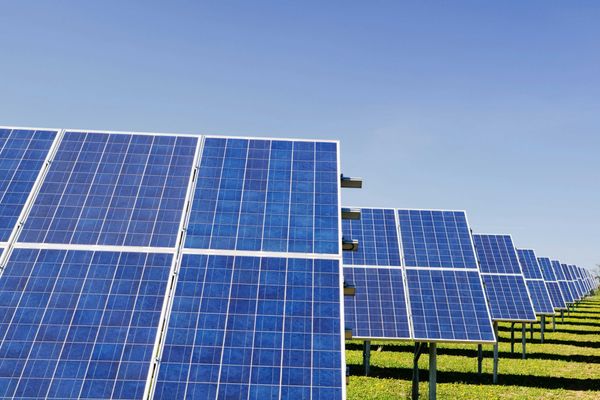 blue solar panels on green grass.