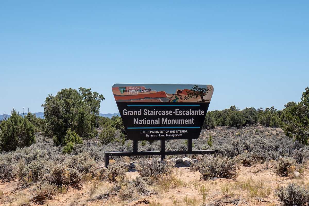 Bureau of Land Management sign for the Grand Staircase Escalante National Monument in Utah.