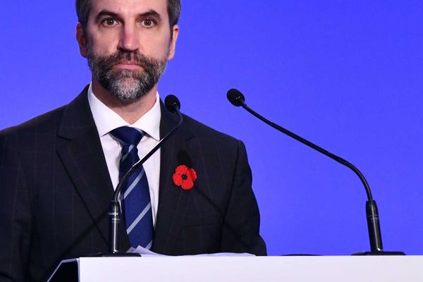 Canada's former culture minister Steven Guilbeault at lectern COP26 UN climate change conference 2021