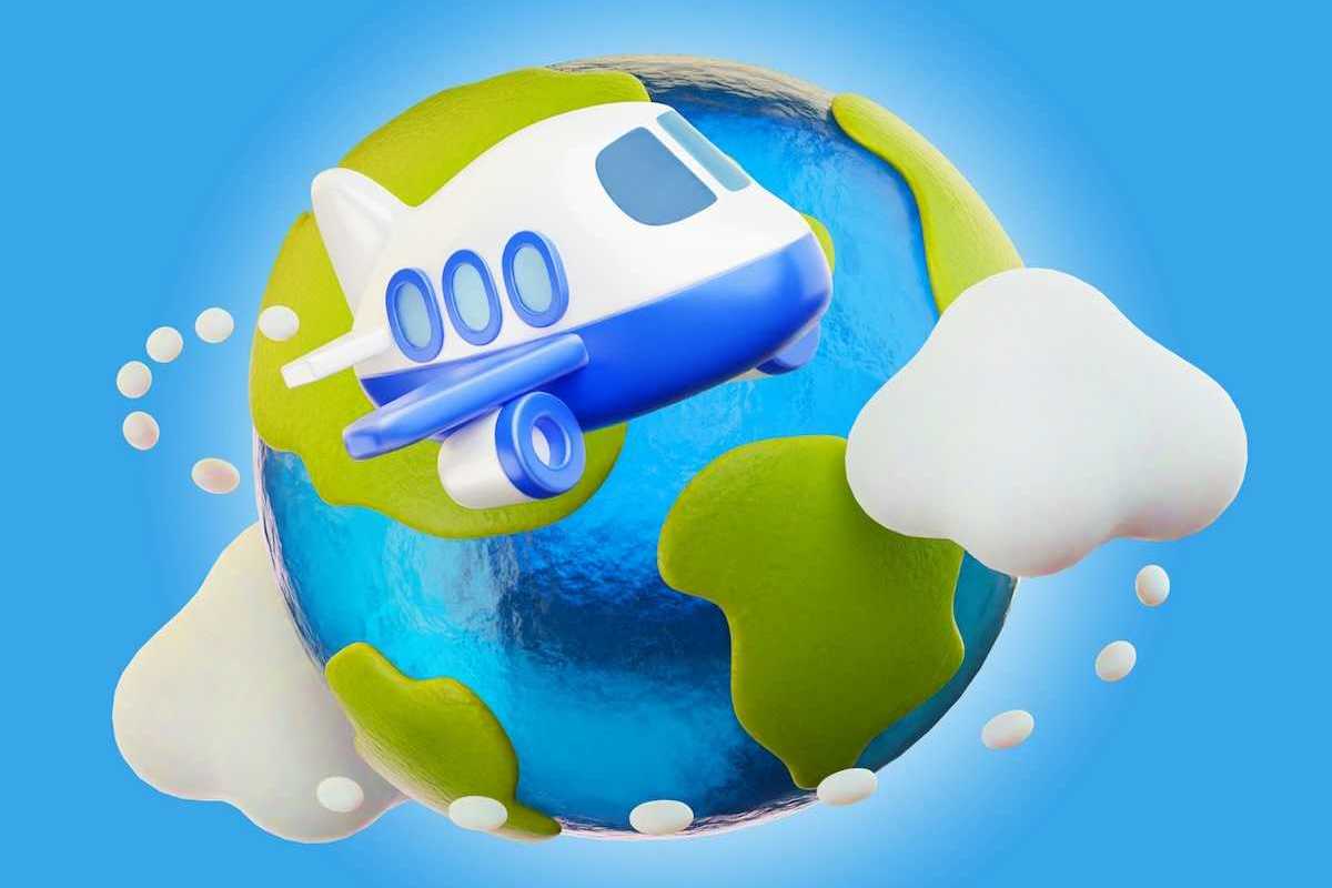 Cartoony illustration of airplane fying around the globe