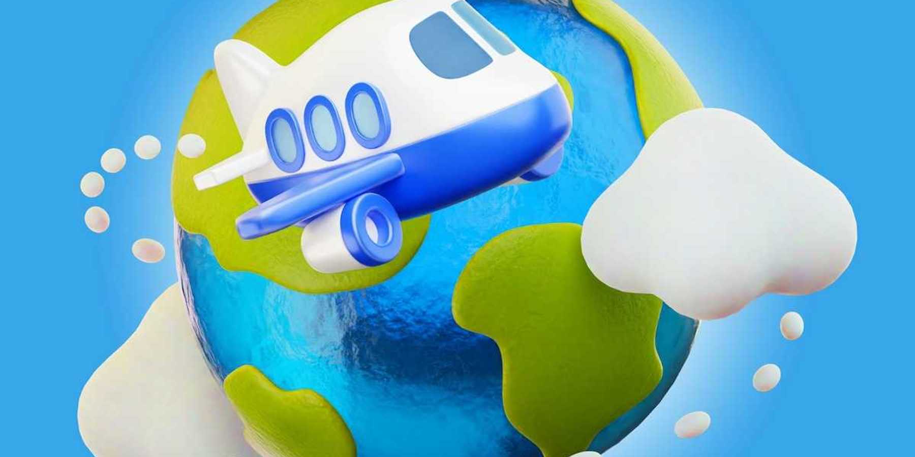 Cartoony illustration of airplane fying around the globe