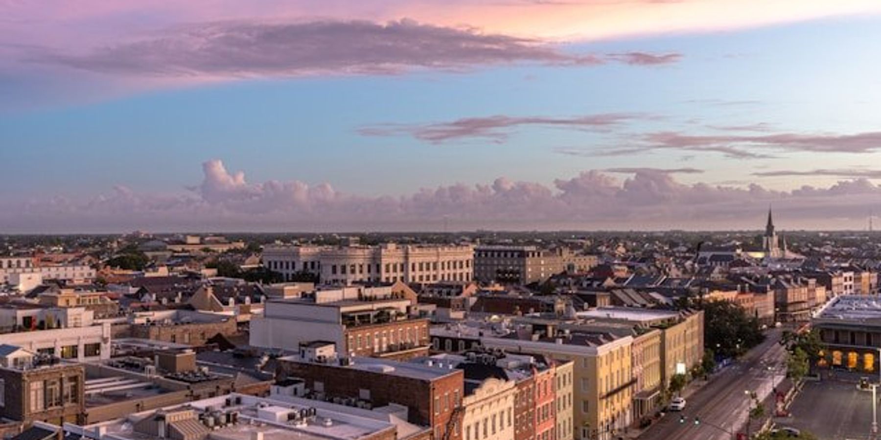 Charleston South Carolina buildings and street viewed from above.