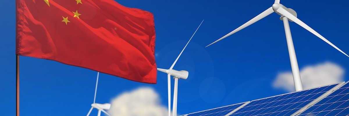 China renewable energy, wind and solar energy concept. Chinese flag superimposed with wind turbines and solar panels