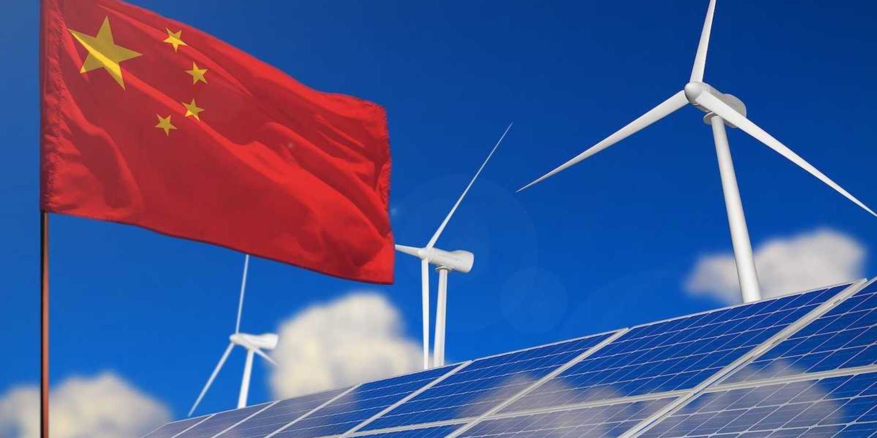 China renewable energy, wind and solar energy concept. Chinese flag superimposed with wind turbines and solar panels