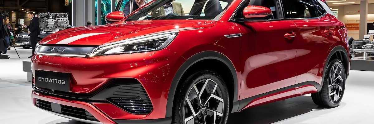 Chinese-made BYD Atto 3 electric car showcased at the Paris Motor Show, France 2022.
