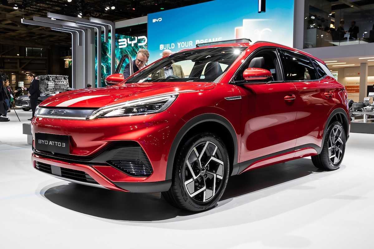 Chinese-made BYD Atto 3 electric car showcased at the Paris Motor Show, France 2022.