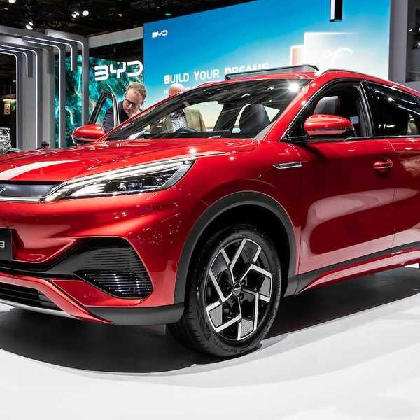 Chinese-made BYD Atto 3 electric car showcased at the Paris Motor Show, France 2022.