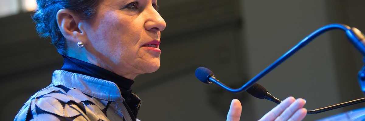 Christiana Figueres, Executive Secretary of the UN Framework Convention on Climate Change, speaks on climate justice during COP21.