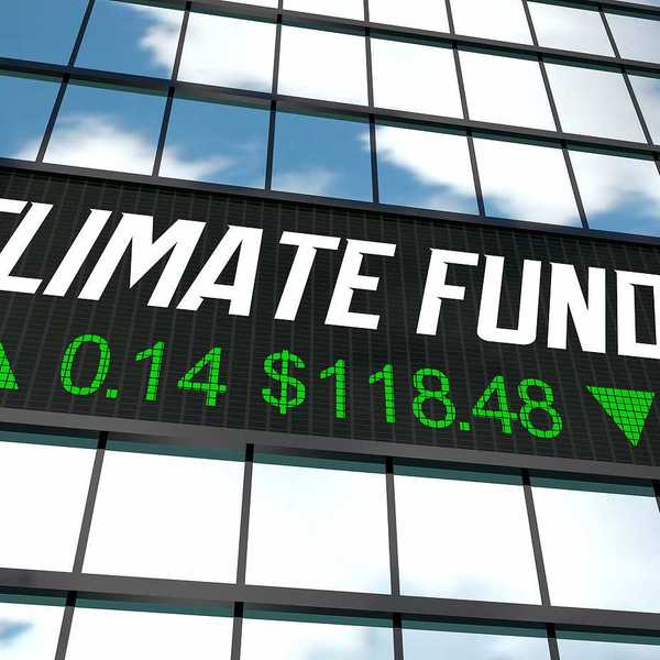 Climate funds stock ticker displayed on a building