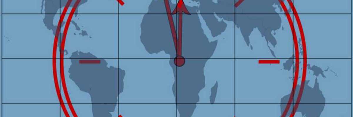 Clock approaching midnight superimposed over a world map