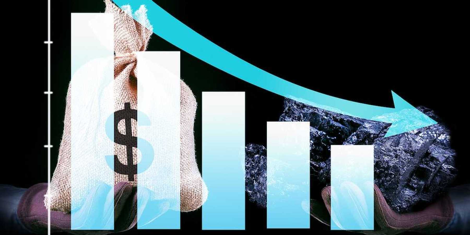 Coal price investment trading crash arrow representing a falling industry.