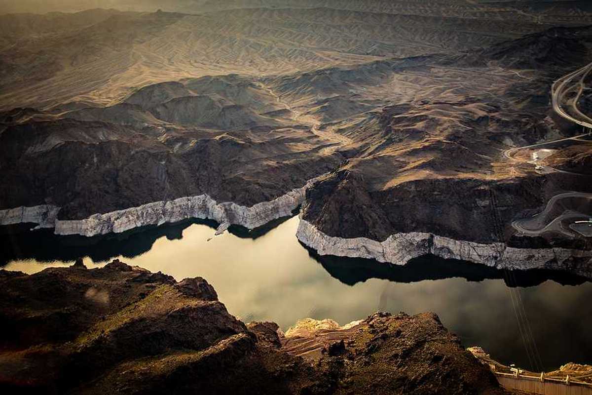 Colorado River showing "bathtub ring" low water levels near Hoover Dam
