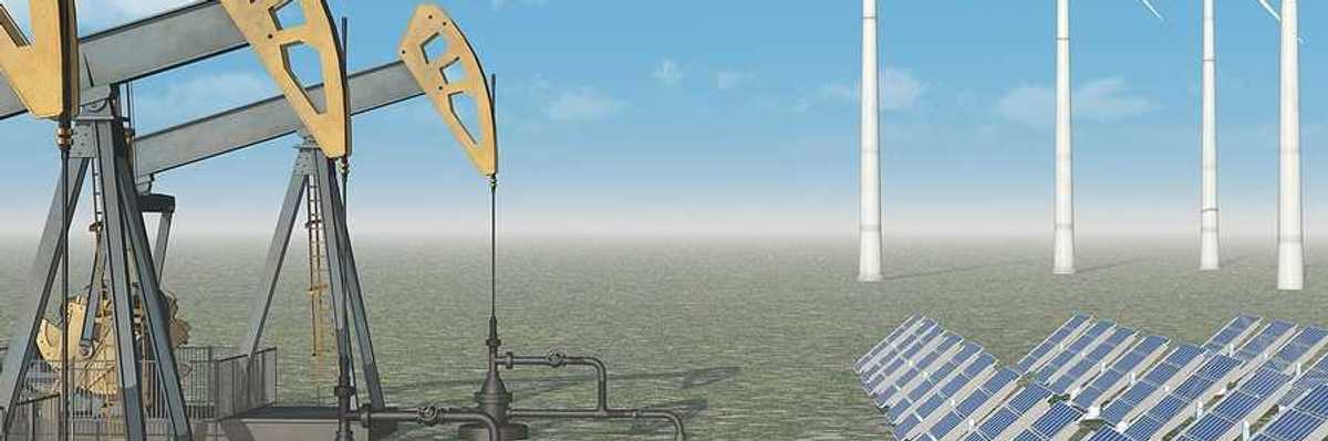Computer generated 3D illustration with oil pumps, solar panels and wind turbines