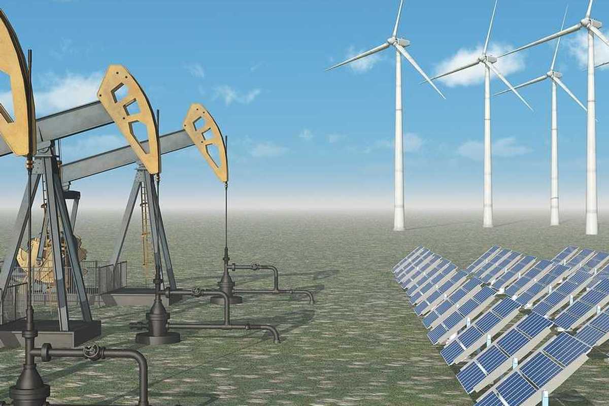Computer generated 3D illustration with oil pumps, solar panels and wind turbines