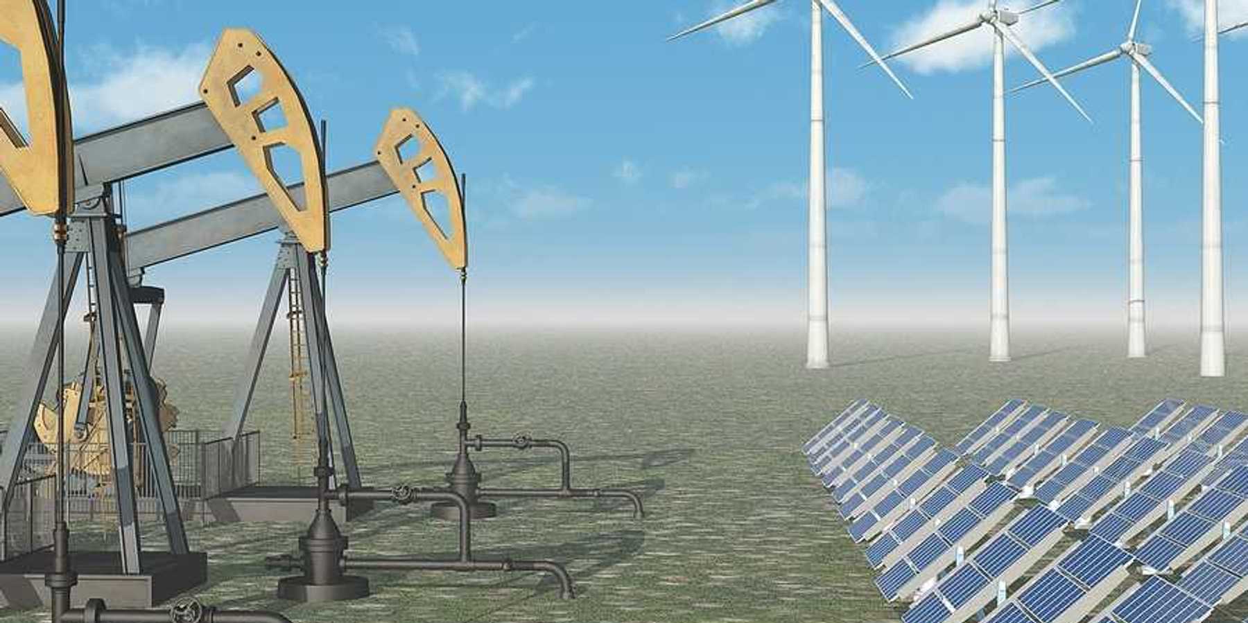 Computer generated 3D illustration with oil pumps, solar panels and wind turbines