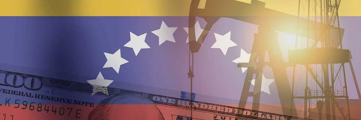 Crude oil and petroleum concept. Pump jack, US dollar notes and Venezuela flag background