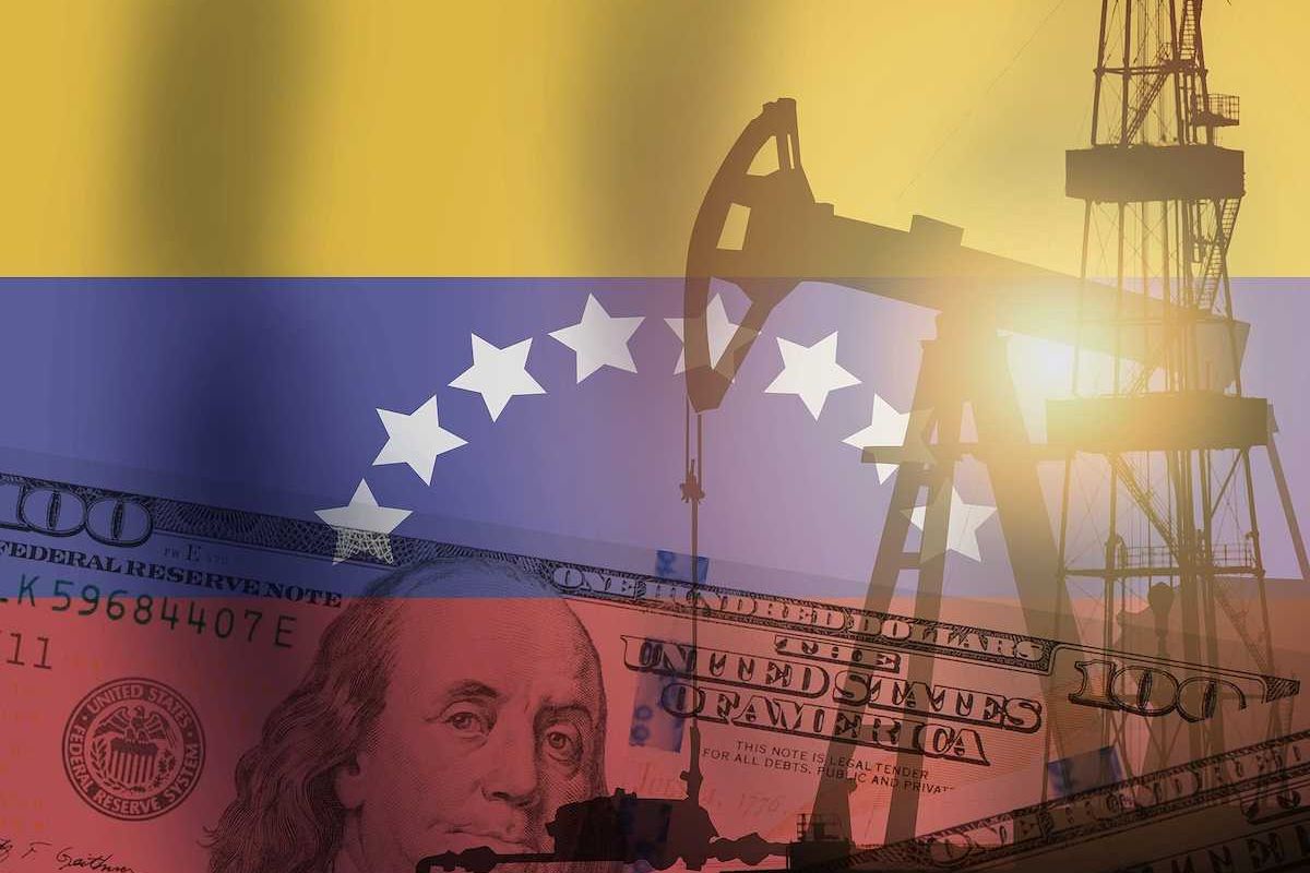 Crude oil and petroleum concept. Pump jack, US dollar notes and Venezuela flag background