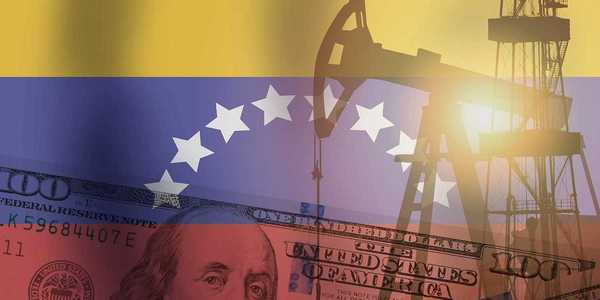Crude oil and petroleum concept. Pump jack, US dollar notes, and Venezuela flag background