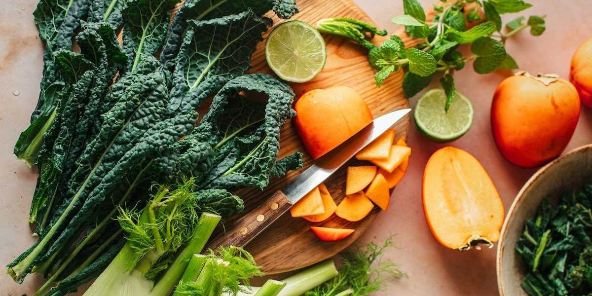 Cutting board adorned with fresh vegetables and fruit