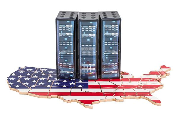 Data Center servers rack in USA concept 3D rendering