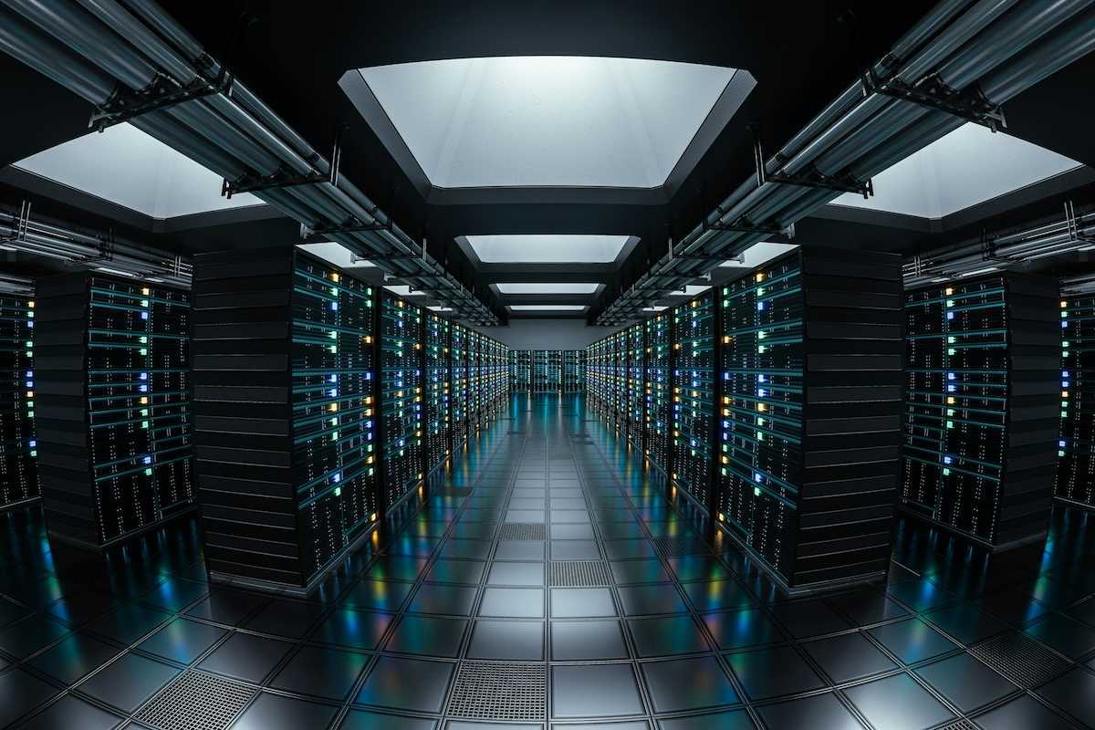Data repository depicted by a long corridor lined with racks of tech