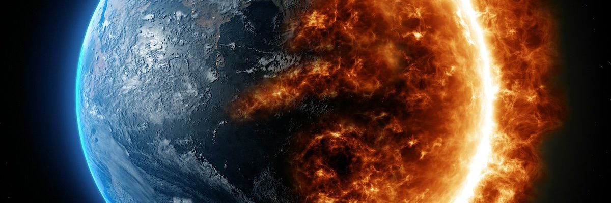 Depiction of Planet Earth half-engulfed by raging inferno.