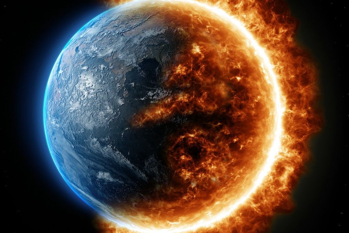 Depiction of Planet Earth half-engulfed by raging inferno.