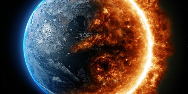 Depiction of Planet Earth half-engulfed by raging inferno.