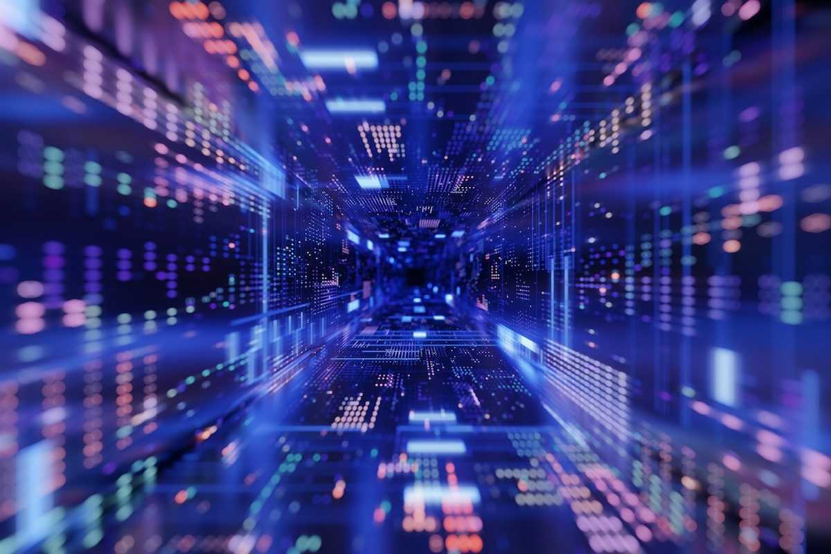 Depiction of the electronic workings of a data center with digital pathways