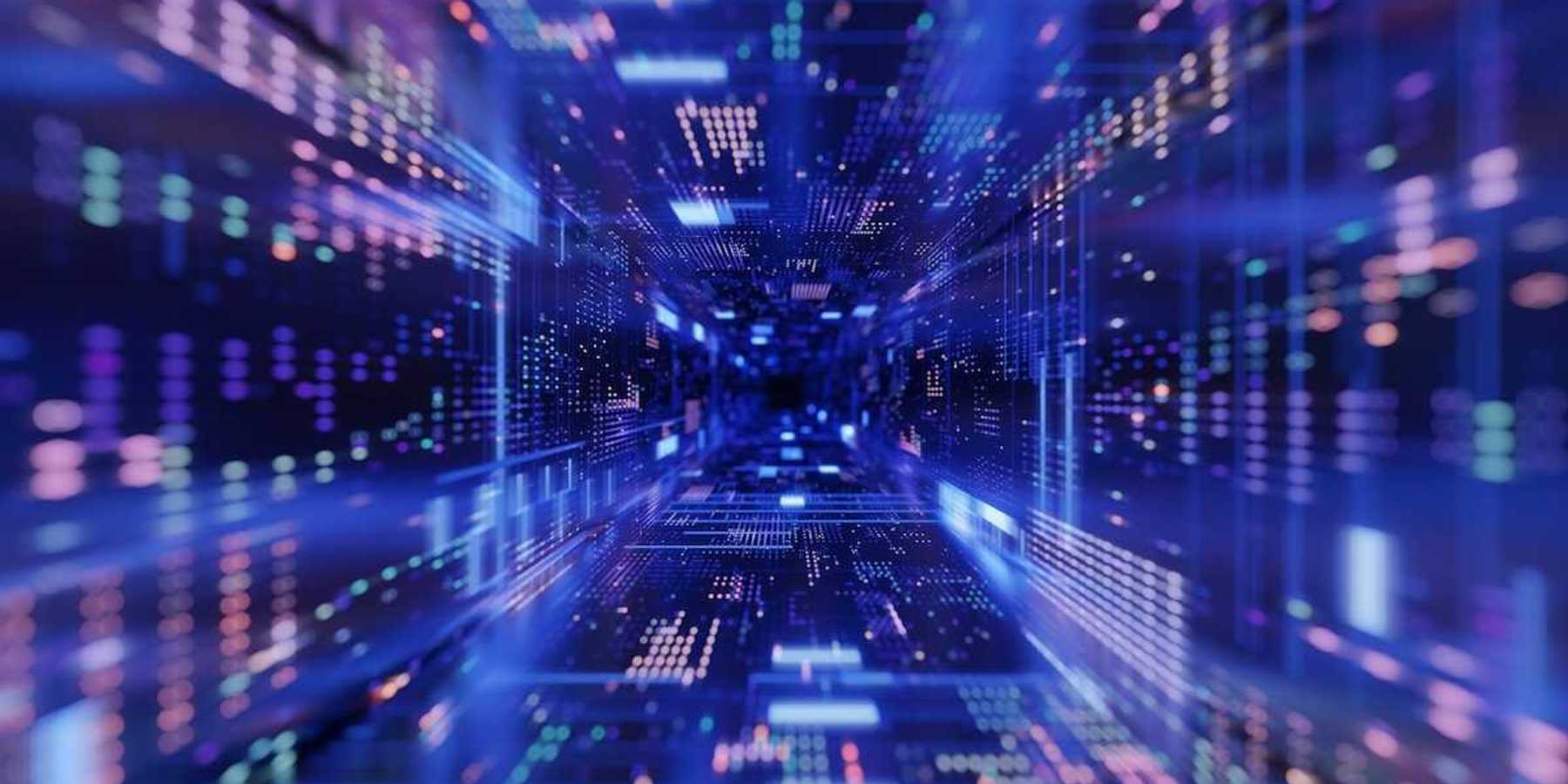 Depiction of the electronic workings of a data center with digital pathways