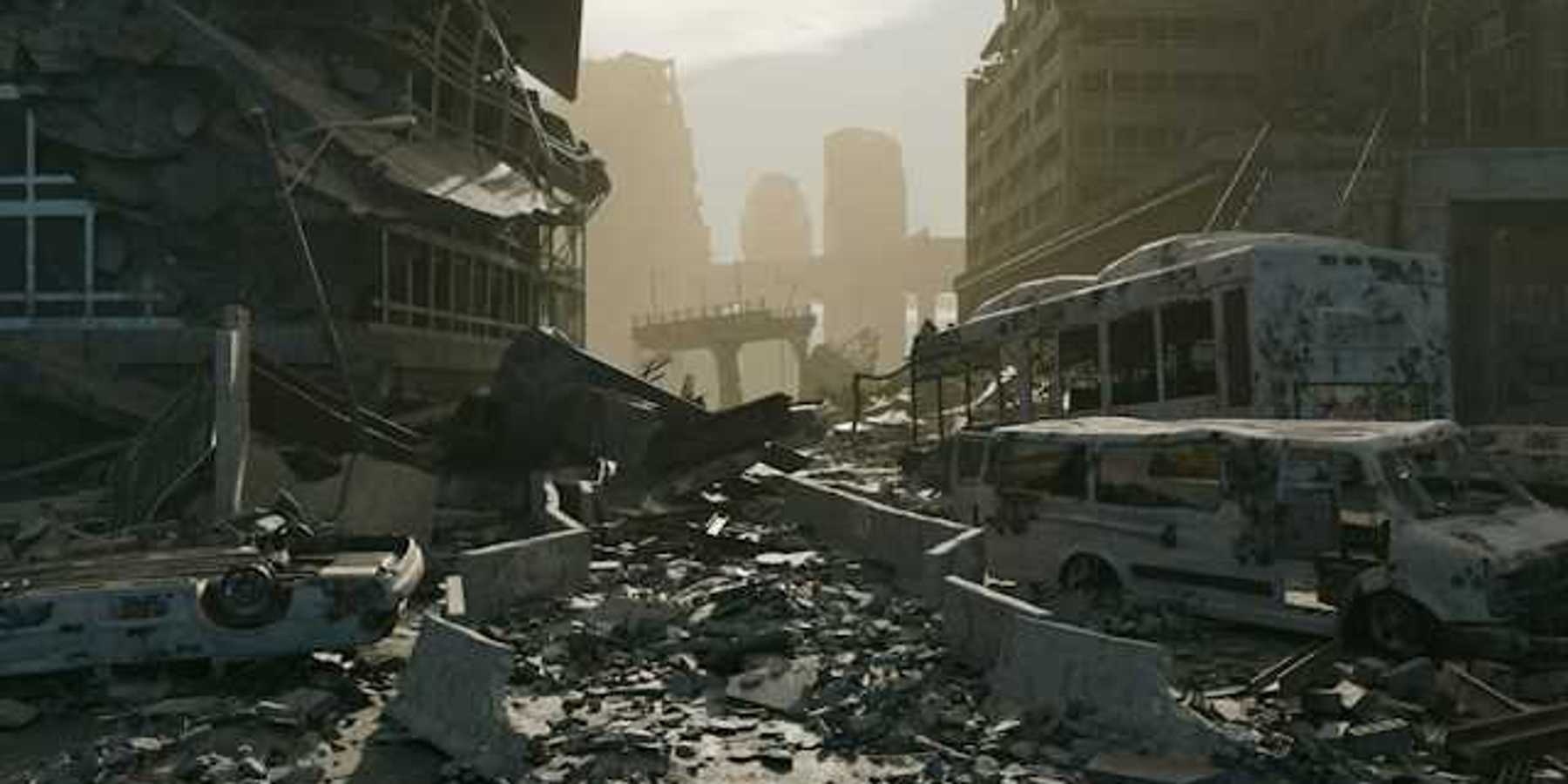 Destructive scence with vehicles overturned and buildings collapsed