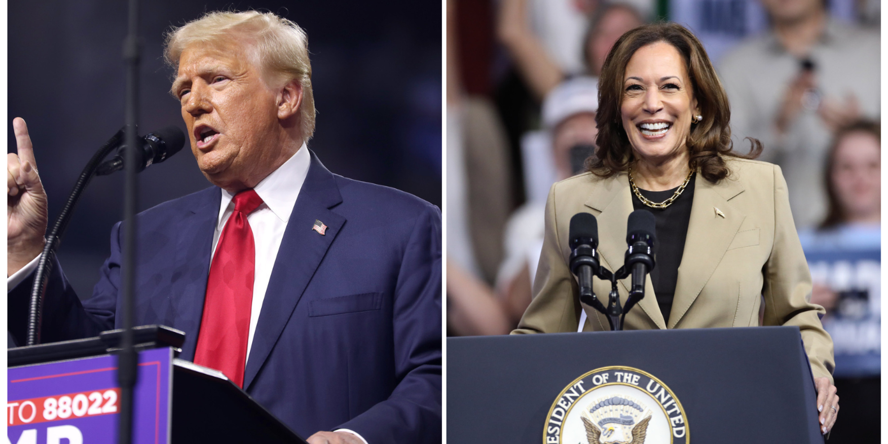 Donald Trump (left) and Kamala Harris (right) on a split screen