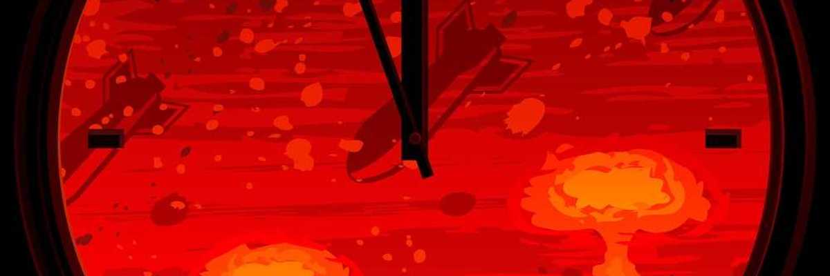 Doomsday clock showing 3 minutes to midnight against nuclear war background
