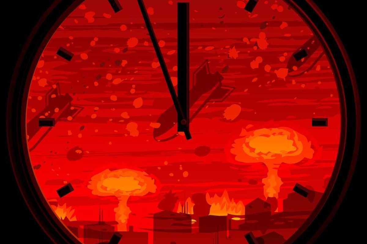 Doomsday clock showing 3 minutes to midnight against nuclear war background