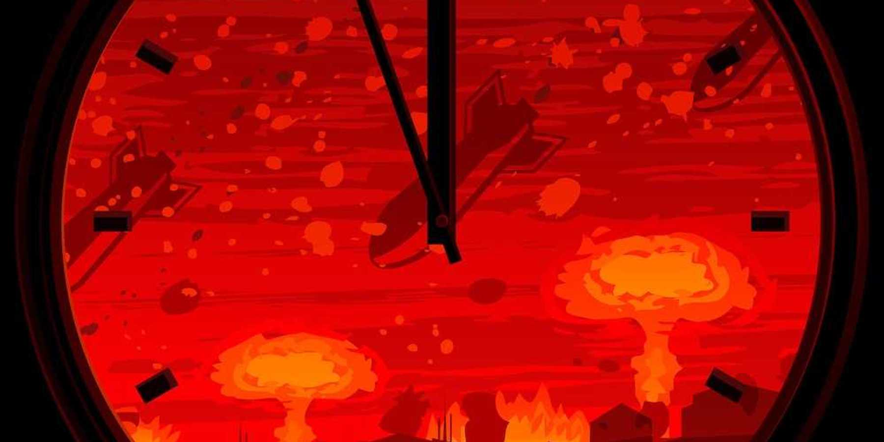 Doomsday clock showing 3 minutes to midnight against nuclear war background