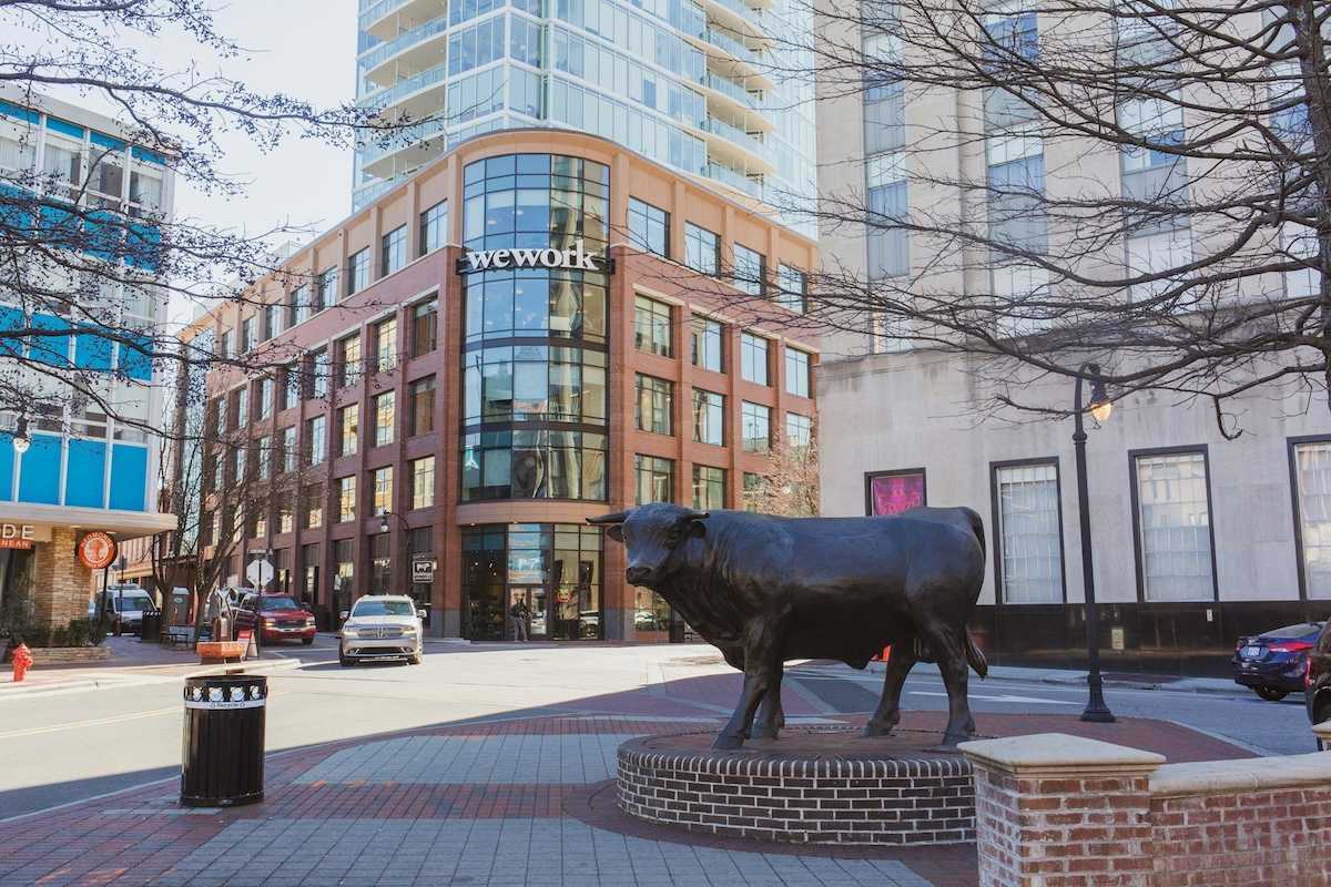 Downtown Durham, NC, featuring bull statue