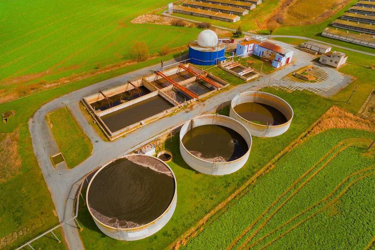 Drone shot of bio-gas manure digester on pig CAFO