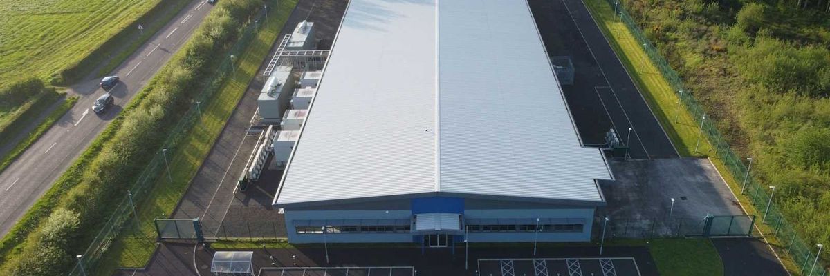 Drones-eye view of the exterior of a data center