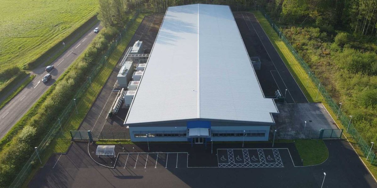 Drones-eye view of the exterior of a data center