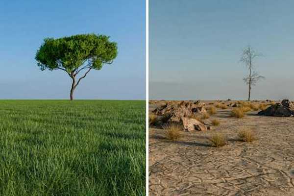 Dry arid land on the right contrasts with a lush green field and tree on the left