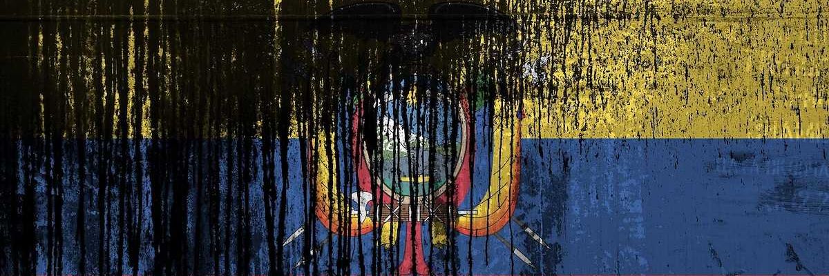 Ecuador flag depicted in paint colors on old and dirty oil barrel wall closeup. Textured banner on rough background