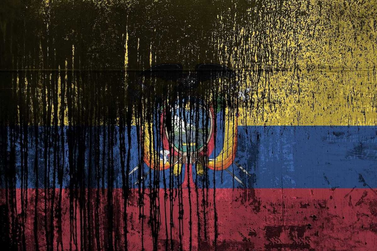 Ecuador flag depicted in paint colors on old and dirty oil barrel wall closeup. Textured banner on rough background