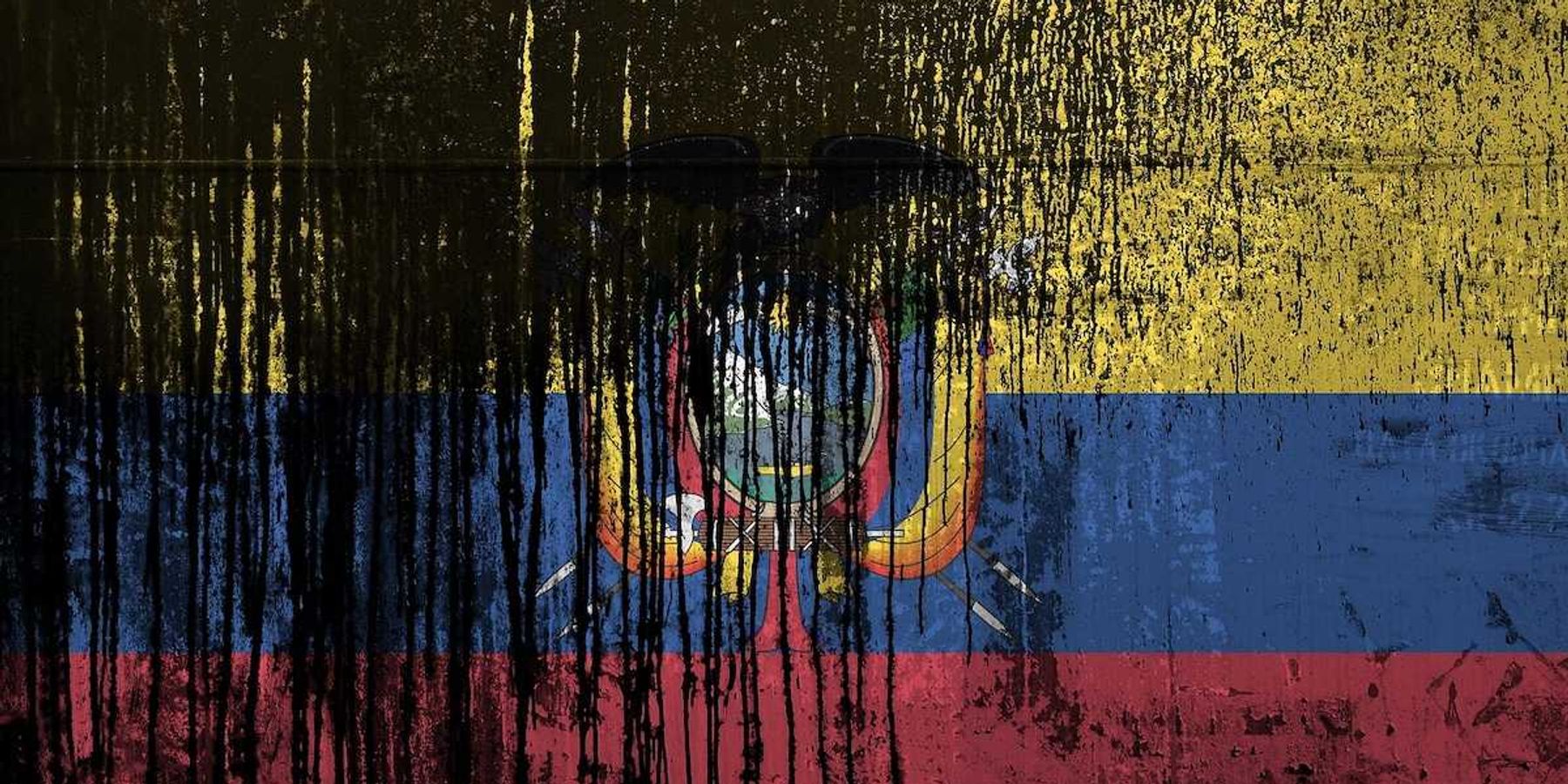 Ecuador flag depicted in paint colors on old and dirty oil barrel wall closeup. Textured banner on rough background